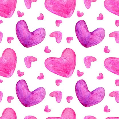 Seamless pattern with watercolor large and balmy hearts in bright pink tones. Watercolor and colored pencil texture pattern in purple shades. Minimalistic Valentine's Day pattern for wrapping paper or