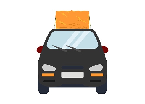 Simple illustration of a small car carrrying goods. Front view.