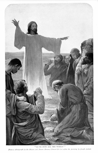 Jesus Christ, the Messiah. tells his disciples to be missionaries, spreading the Good News (gospel). Painting by artist Joseph Aubert.  Engraving published  1898. Original edition is in my archives. Copyright expired and in Public Domain.