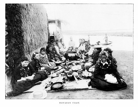 A luau, large dinner, in Hawaii. Photograph engraving published in 1897. Original edition is from my own archives. Copyright has expired and is in Public Domain.