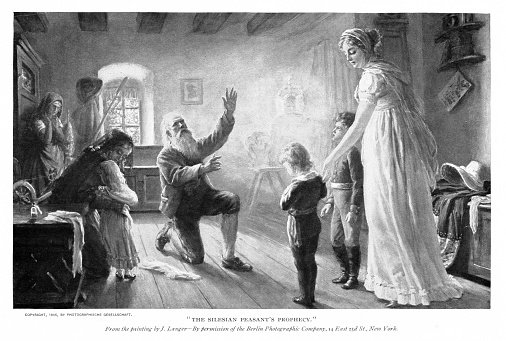 An elderly Silesian European man kneels and prophecies over children brought by  their mothers. Painting by artist J. Langer. Engraving published in 1898. Original edition is from my own archives. Copyright has expired and is in Public Domain.