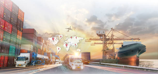 istock World map with logistic network distribution on background. Logistic and transport concept in front Logistics Industrial Container Cargo freight ship for Concept of fast or instant shipping, Online goods orders worldwide 2148900703