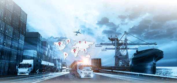 istock World map with logistic network distribution on background. Logistic and transport concept in front Logistics Industrial Container Cargo freight ship for Concept of fast or instant shipping, Online goods orders worldwide 2148900715