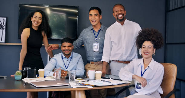 istock Team, portrait and meeting at office with diversity, trust and support with public relations people working together at agency. Collaboration, about us and plan for media convention with partnership 2148900871