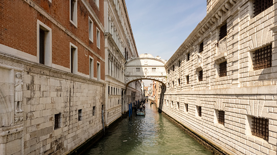 Picturesque view of water channel and narrow street with medieval buildings in Venice, Italy. Watercolor painting.