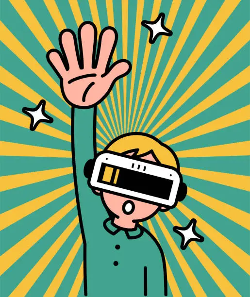 Vector illustration of A boy wearing a virtual reality headset or VR glasses enters the metaverse, looks at the viewer, and raises his right hand, being a volunteer or asking a question