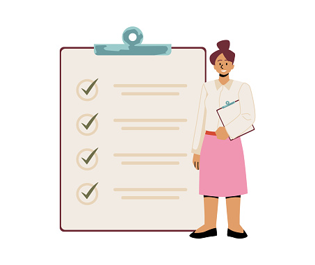 Professional task management concept. Vector illustration of a confident woman with a checklist clipboard, representing organization and responsibility.