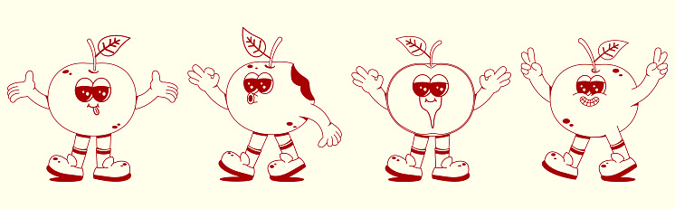 Set of retro cartoon apple fruit characters. A modern illustration featuring cute apple mascots in different poses and emotions, creating a 70's comic book vibe.