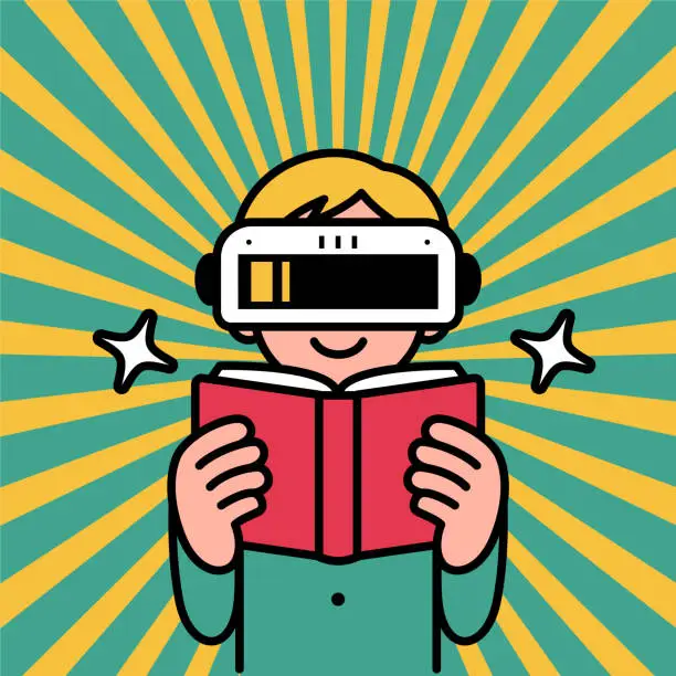 Vector illustration of A boy wearing a virtual reality headset or VR glasses enters the metaverse and happily reads a book