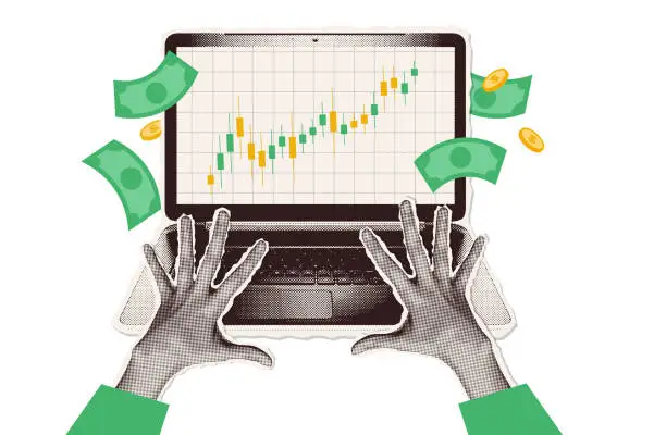 Vector illustration of Halftone collage of online trading with laptop and happy hands. Funding graph on computer screen concept. Y2k vintage vector trading for business investment vector illustration