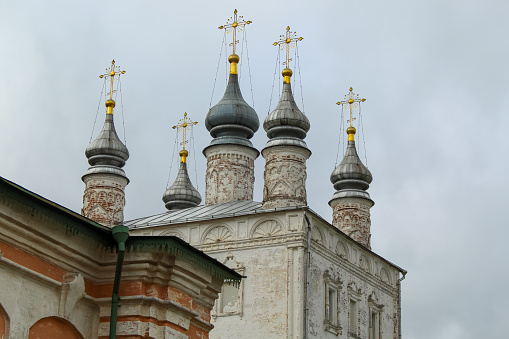 All Saints Cathedral. Goritsky Assumption Monastery. Pereslavl-Zalessky, Russia. Dramatic sky with copy space for text