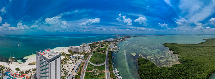 Drone view of Cancun Hotel Zone,, Mexico