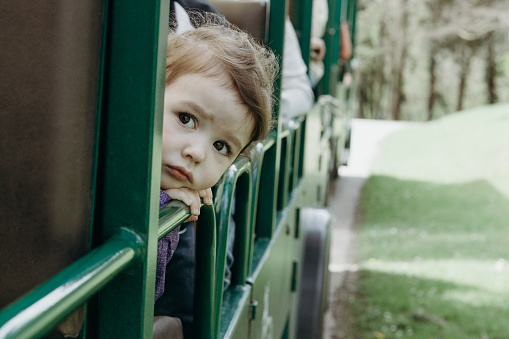 Portrait of one beautiful Caucasian little girl of two years old, who looks sweetly out of the open carriage of a tourist train and looks thoughtfully to the side, passing through the reserve on a sunny spring day, close-up side view.