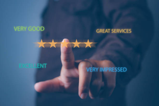 istock Businessman touching giving high score for feedback review satisfaction service. Customer satisfaction experience with five star icon and excellent for feedback review satisfaction service. 2148906434