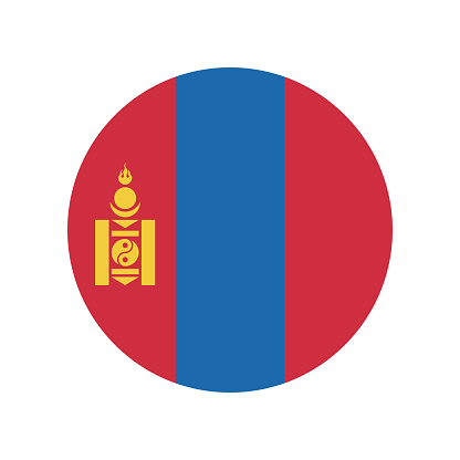 Mongolia flag. Standard colors. Circular icon. Round flag. Digital illustration. Computer illustration. Vector illustration.