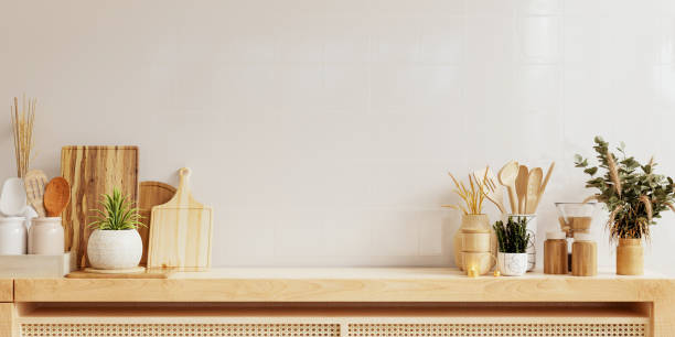 istock Mockup wall panelling with wooden shelf and accessories in kitchen room- 3D rendering 2148908956