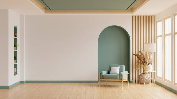 istock Mockup wall living room with green armchair on empty white wall background- 3D rendering 2148908999