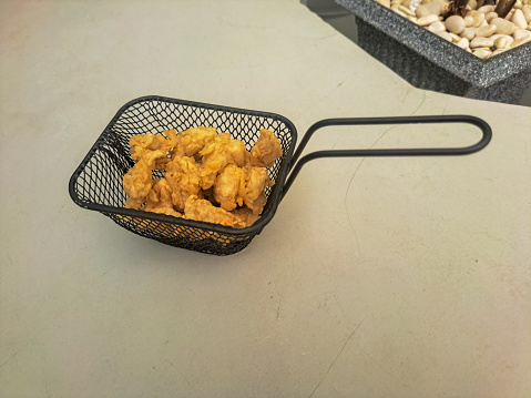 Fried Chicken Popcorn In A Basket. Crispy Chicken Pop Corn. Food Menu.