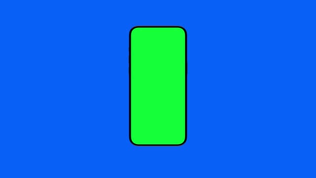 Smartphone Display with Green Screen for Chroma Key. Rotating Mock Up of Smart Phone with Empty Greenscreen for Vertical Chromakey. Presentation of Electronic Object Sliding on Blue Color Background