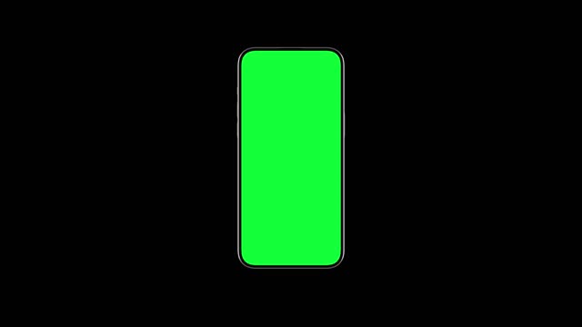 Smartphone Display with Green Screen for Chroma Key. Rotating Mock Up of Smart Phone with Empty Greenscreen for Vertical Chromakey. Presentation of Electronic Object Sliding on Black Color Background