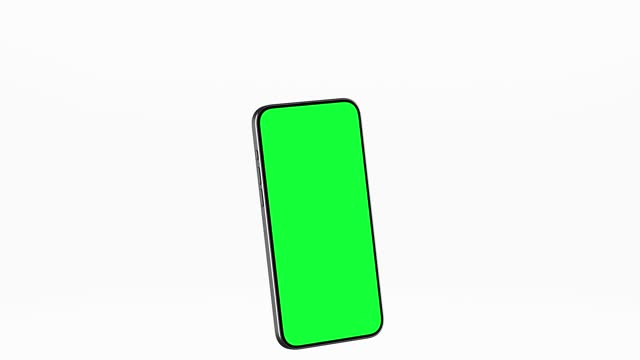 Smartphone Display with Green Screen for Chroma Key. Rotating Mock Up of Smart Phone with Empty Greenscreen for Vertical Chromakey. Presentation of Electronic Object Sliding on White Color Background