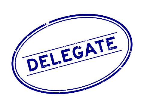 Grunge blue delegate word oval rubber seal stamp on white background
