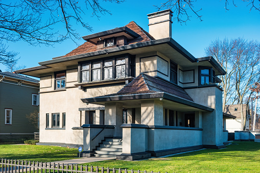 House in Oak Park, Chicago, Illinois, USA on a sunny day. It was designed by Frank Lloyd Wright.