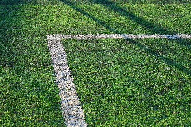 artificial green grass soccer field with white line