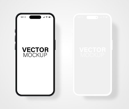 Front mobile phone mockup templates with white screen and gray design. 3d Realism iphone vector mock up.