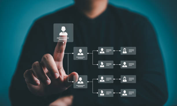 istock Organization chart, company leveling map, or organigram displayed with icons on a blue background. Business structure tree diagram showing human resources career path and employees' hierarchy table. 2148915175