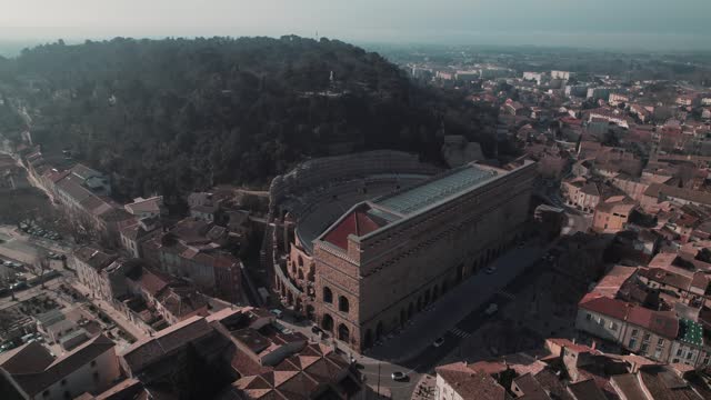 Aerial shot revealing the stone observatory at the ancient Theater of Orange