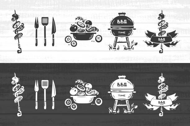 BBQ Party Time Vector Set. Portable Charcoal Grill. Ribbon Banner with Fire Flames and Grilled Vegetables. Barbeque Vegetable Skewer. Fork, Spatula, Knife. Healthy Vegan and Vegetarian Food Concept.