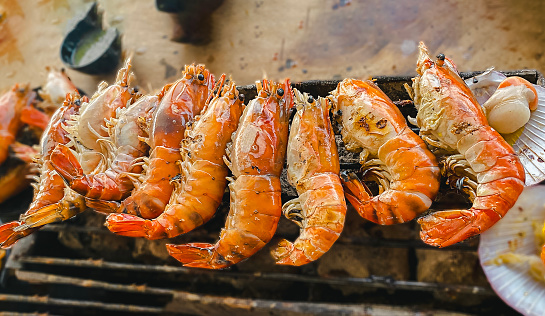 Smoked grilled shrimp on the grill. Buffet restaurant in Thailand,Delicious grilled shrimp