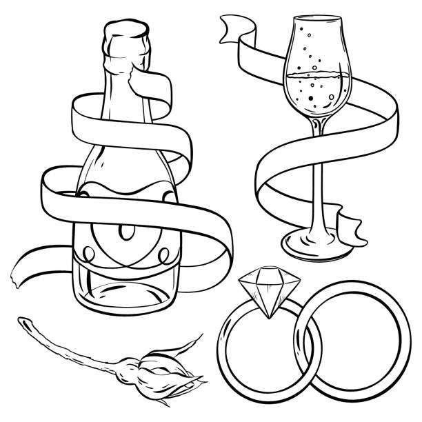 ilustrações de stock, clip art, desenhos animados e ícones de a black and white drawing of a bottle of champagne , a glass of wine , and wedding rings - travel stylized illustration hand lettered hand drawn