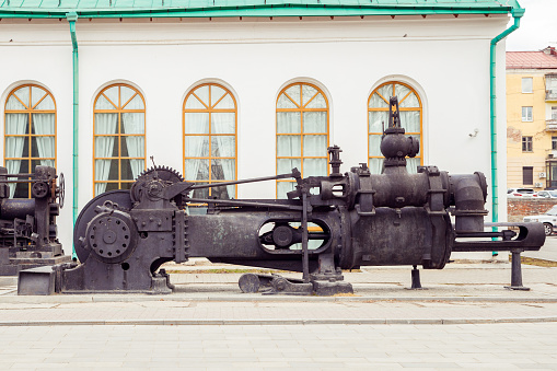 real old steam reverse machine from late nineteenth century. Ehrhardt and Semmer company, Germany. outdoor museum exhibit. Yekaterinburg, Russia 5.5.23