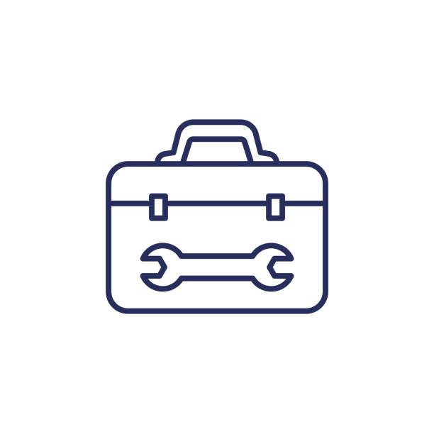 illustrations, cliparts, dessins animés et icônes de icône de ligne de boîte à outils avec une clé à molette - boîte à outils