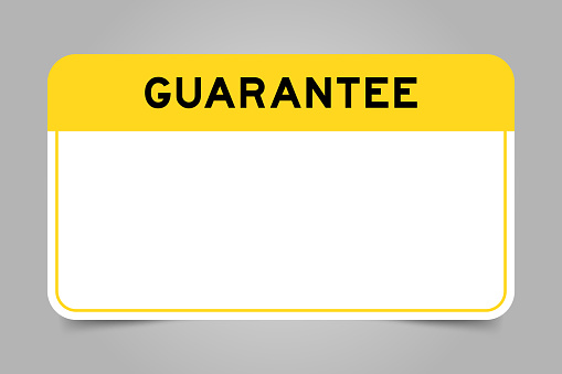Label banner that have yellow headline with word guarantee and white copy space, on gray background