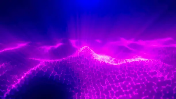 Photo of Purple energy magic digital high tech waves with light rays lines and energy particles. Abstract background