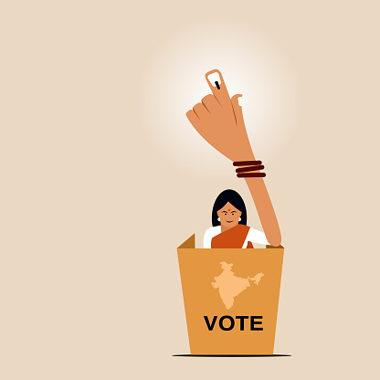 Illustration of a woman showing her hand with electoral stain after casting vote.Concept of election in India