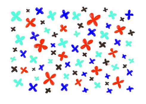 A pattern of different colored flowers on a white background. Larger and smaller in size. They consist of four petals. Red, black, dark and light blue colors.