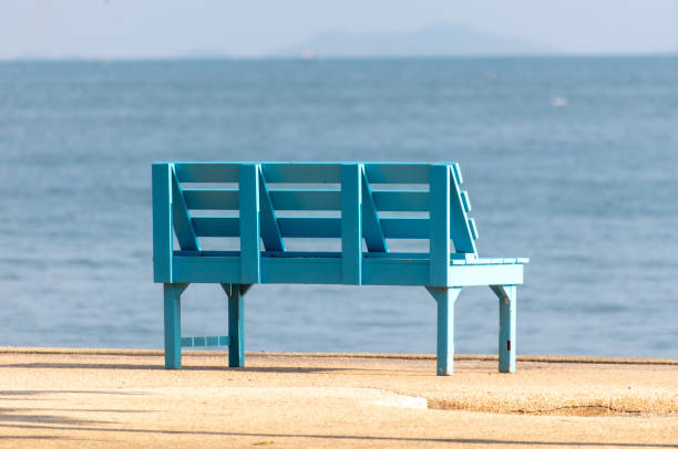 Wooden benches on the seashore.