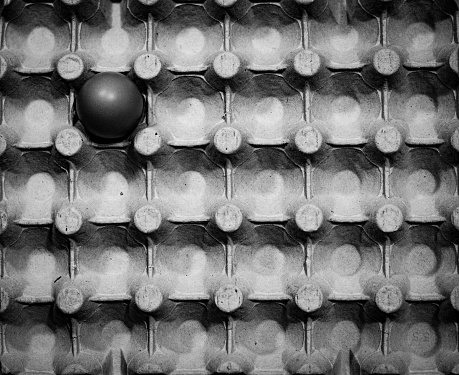 This black and white image captures a single, distinct sphere resting on a patterned surface of indented circles. The uniform texture is reminiscent of an egg carton, each hollow cradling the absent presence of an egg. In stark contrast, the central orb stands out as an anomaly against this repetitive backdrop, disrupting the order with its smooth, uninterrupted surface. This interplay of regularity and irregularity draws the eye directly to the solitary sphere, creating a striking visual metaphor for individuality amidst conformity.