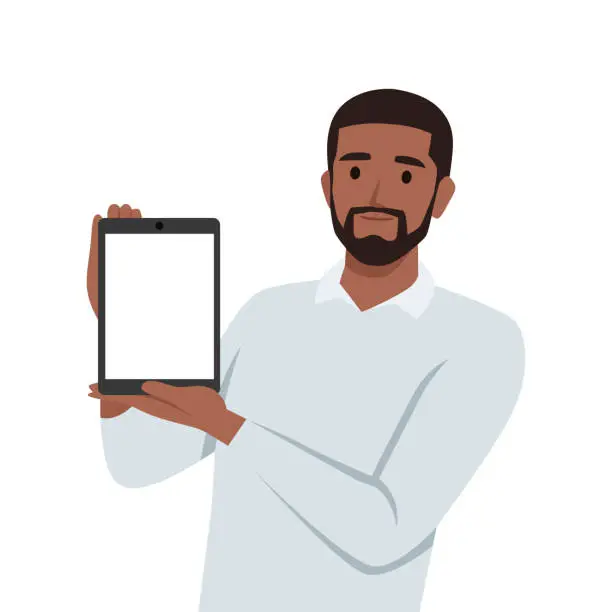 Vector illustration of Young man showing or holding blank screen of digital tablet computer in hands.