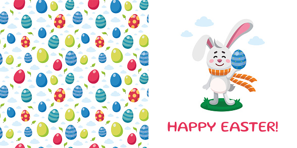 Postcard template with Easter rabbit holding Ester egg. Vector illustration of bunny and seamless pattern with Easter eggs. Happy Easter concept. Cartoon style