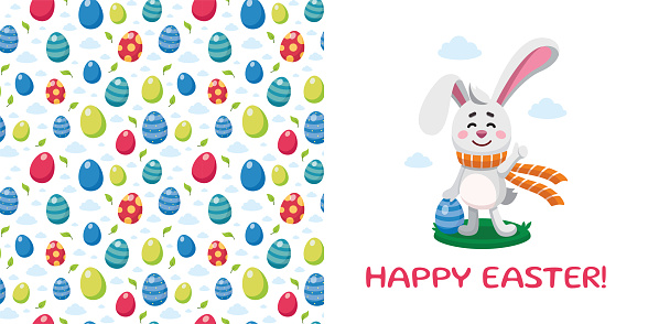 Postcard template with Easter rabbit holding Ester egg showing thumbs up. Vector illustration of bunny and seamless pattern with Easter eggs. Happy Easter concept. Cartoon style