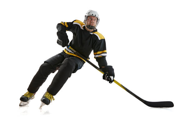 istock Dynamic image of competitive focused man, hockey player in motion during game, preparing for competition isolated on white background 2148926672