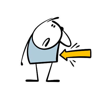 Confused man looks at the yellow arrow. Vector illustration attracting attention, determining the direction. A disgruntled stickman. Isolated stick figure character on white background.