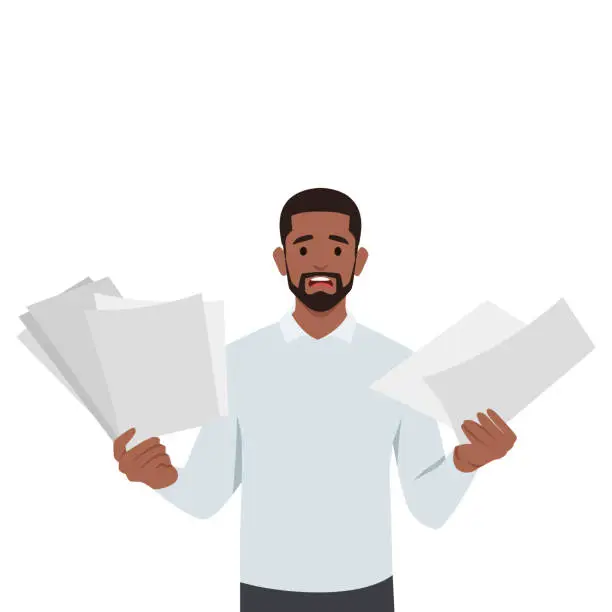 Vector illustration of Young man overworked having a lot of paperwork.