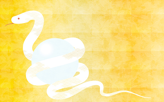 Japanese gold background with a snake holding a treasured gem, New Year's greeting card material for the year of the snake 2025