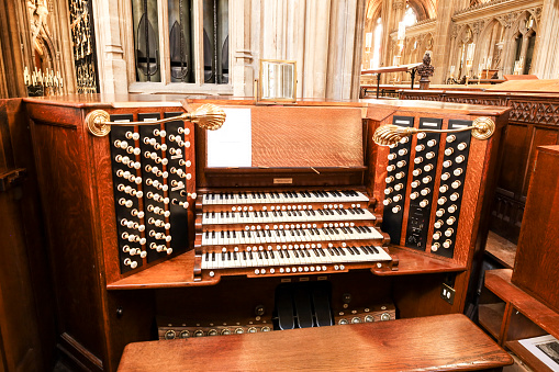 Bristol, England- March 29, 2024: Beautiful St. Mary Redcliffe church organ